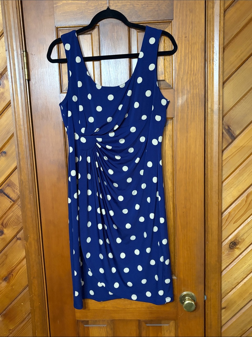 dressbarn Navy Polka Dot Sleeveless Midi Dress with Front Drape